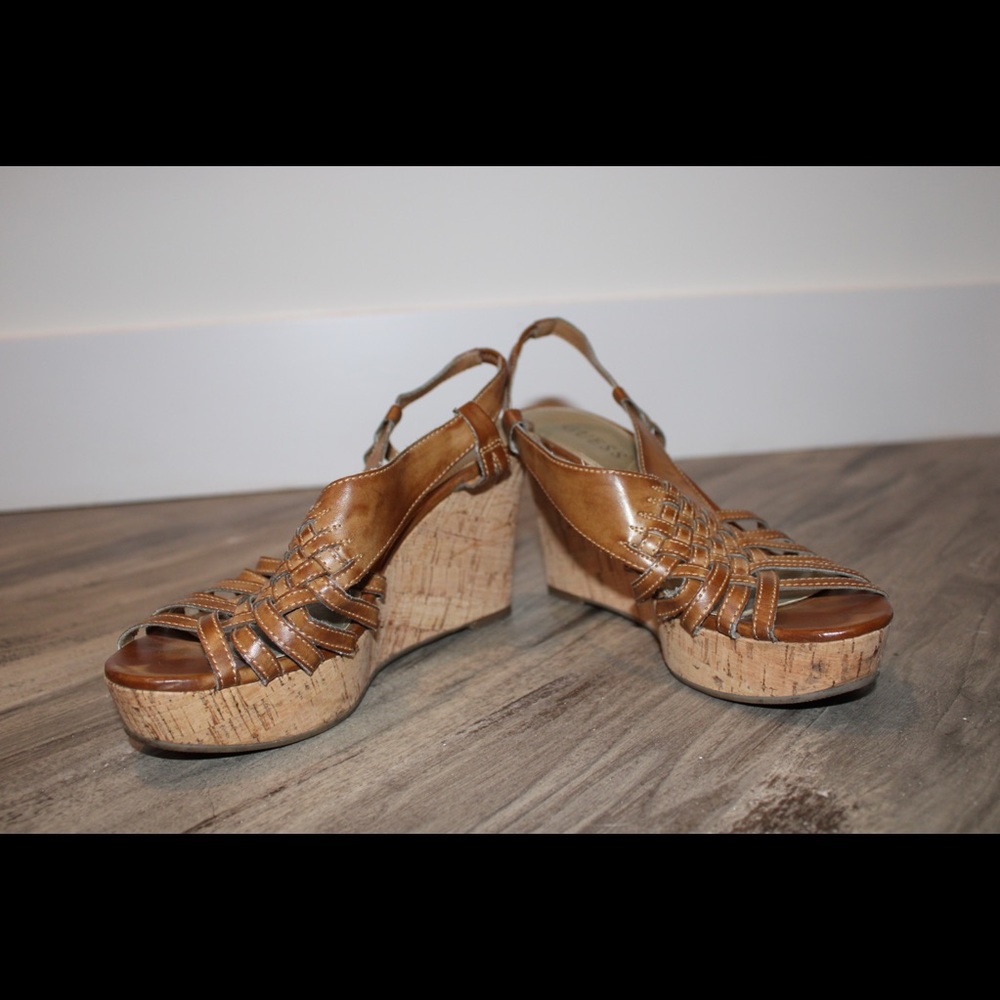 Brown leather and cork wedges
